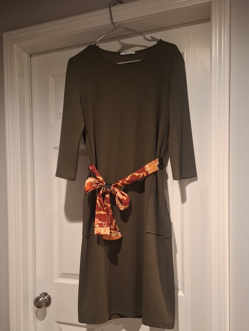 Zara Olive Green Midi Shift Dress with Orange Patterned Tie